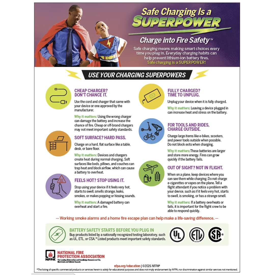 Fire Prevention Week, Oct. 4-10, focuses on lithium-ion battery charging safety